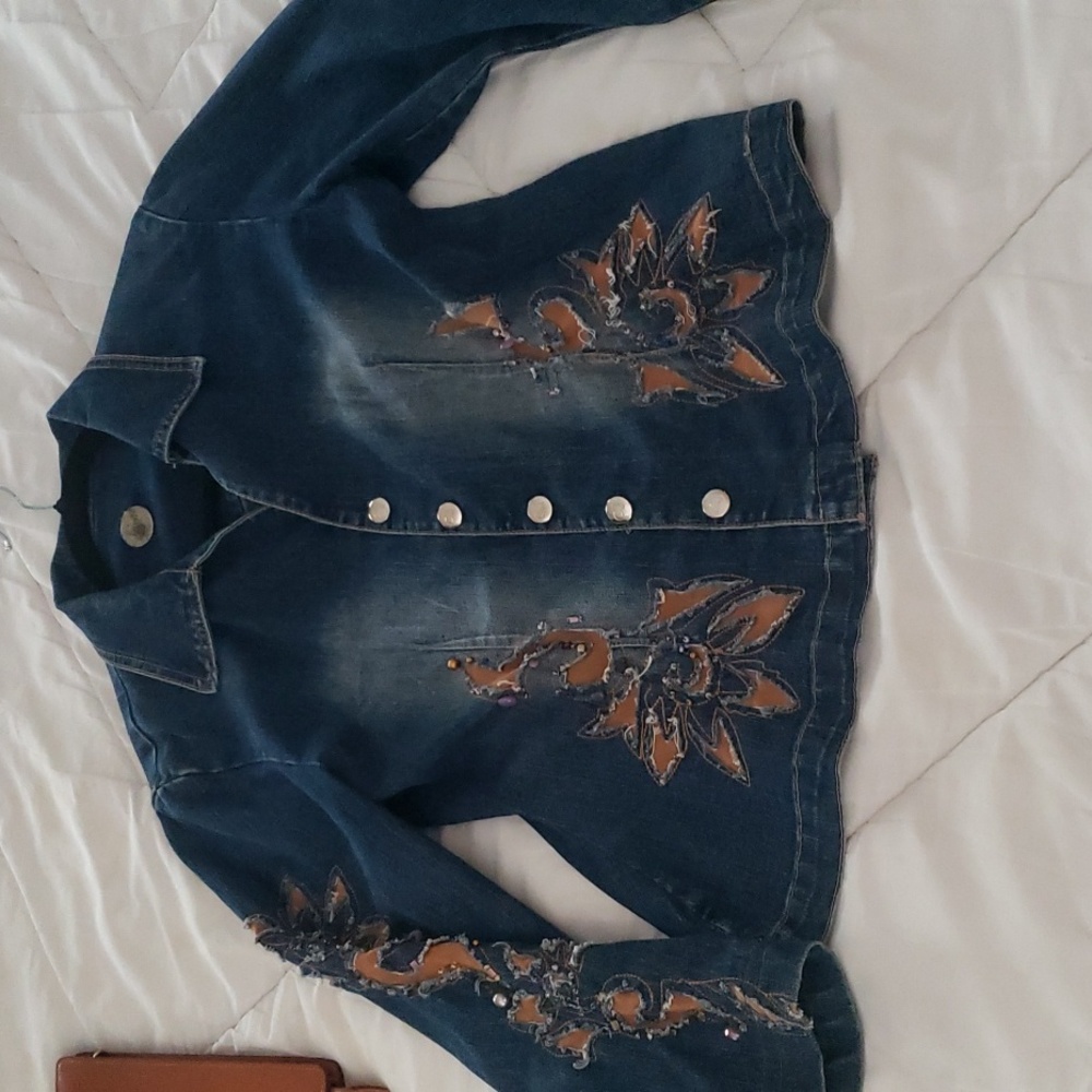 Crest Jean Jacket beautiful details on coat with beads and leather patches